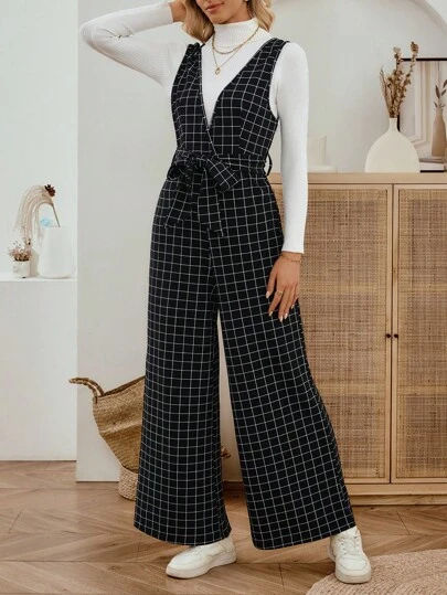 EMERY ROSE 女士休闲通勤格子无袖连体裤