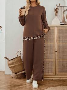 EMERY ROSE 女士休闲豹纹拼布卫衣和裤子两件套，秋冬两件套女士棕色两件套女士豹纹两件套两件套休闲套装女士女士棕色休闲套装 - 巧克力棕 - 查看 1