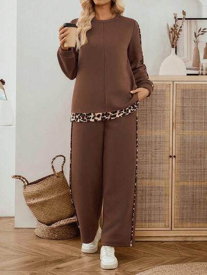 EMERY ROSE 女士休闲豹纹拼布卫衣和裤子两件套，秋冬两件套女士棕色两件套女士豹纹两件套两件套休闲套装女士女士棕色休闲套装