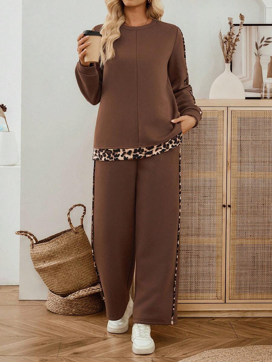 EMERY ROSE 女士休闲豹纹拼布卫衣和裤子两件套，秋冬两件套女士棕色两件套女士豹纹两件套两件套休闲套装女士女士棕色休闲套装 - 巧克力棕 - 查看 1