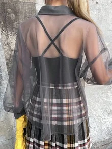 FRIFUL 女式纯灰色透明网眼衬衫领宽松休闲百搭分层上衣，秋季 - 灰色 - 查看 5