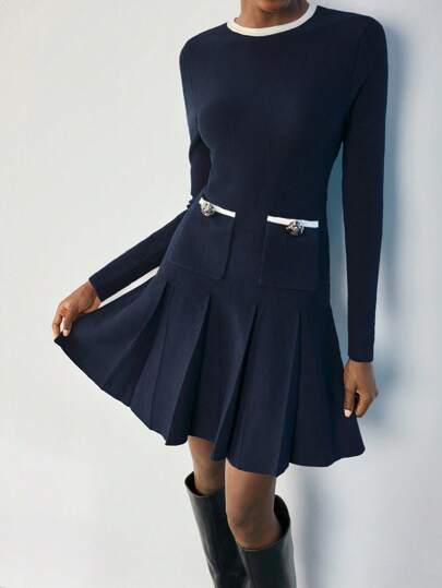 Maija Navy Blue Round Neck, Contrast Trim Pocket, Pleated Hem Short Dress, Elegant & Modern Navy Dress Dark Blue Dress Skirt Dress Navy Pleated Dress Fit And Flare Dress Fall Women Clothes Navy Skater Dress Fit And Flare Navy Dress,Fall Clothes For Women Party Outfit Christmas Party Dress Autumn Outfits For Women Elegant Dress Women Women's Winter Clothes