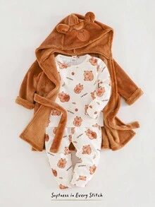 Cozy Pixies 3pcs Baby Boy Cartoon Animal Pattern Pullover Top,Elastic Waist Pants&Hooded Cape Set,Brown And White Polka Dot,Winter,Cute,Lounge Thick Thermal Lined - Multicolor - View 1