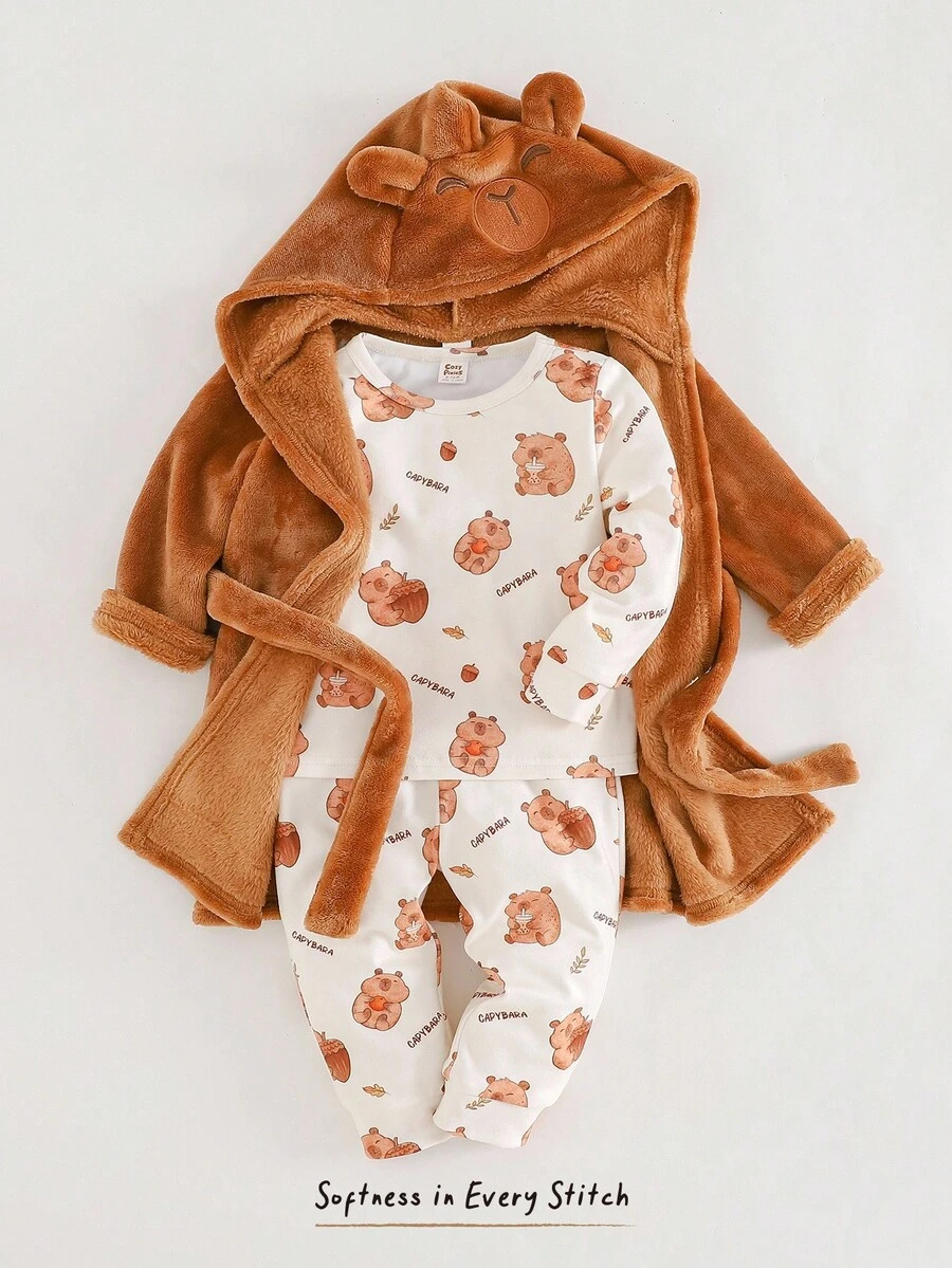Cozy Pixies 3pcs Baby Boy Cartoon Animal Pattern Pullover Top,Elastic Waist Pants&Hooded Cape Set,Brown And White Polka Dot,Winter,Cute,Lounge Thick Thermal Lined - Multicolor - View 1