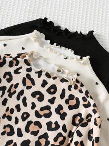 Cozy Pixies Set da 3 pezzi di magliette a maniche lunghe con volant all'orlo, con stampa a cuore, stampa leopardata e tinta unita, per ragazze giovani