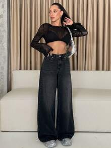 EURMUSE 100% Cotton LOW RISE WIDELEG CUT VINTAGE WASH BLACK BAGGY JEANS Jeans Wide Leg Loose Jeans - Black - View 5