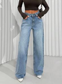 EURMUSE LOW WAIST CASUAL STYLE DENIM STRAIGHT Y2k - Medium Wash - View 1