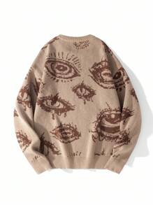 GALLERY FADE Round Neck Knitted Pullover For Men, Soft & Solid Color, Dropped Shoulder, Versatile, Business/Commute Wear, Autumn/Winter Eye Sweater Grunge Sweater Brown Sweater Graphic Sweater Men Knit Sweater Eye Print Sweater Mens Knit Sweater Mens Eye Sweater - Khaki - View 2