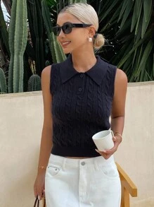 Livesso 女式马球领扭纹休闲无袖针织上衣