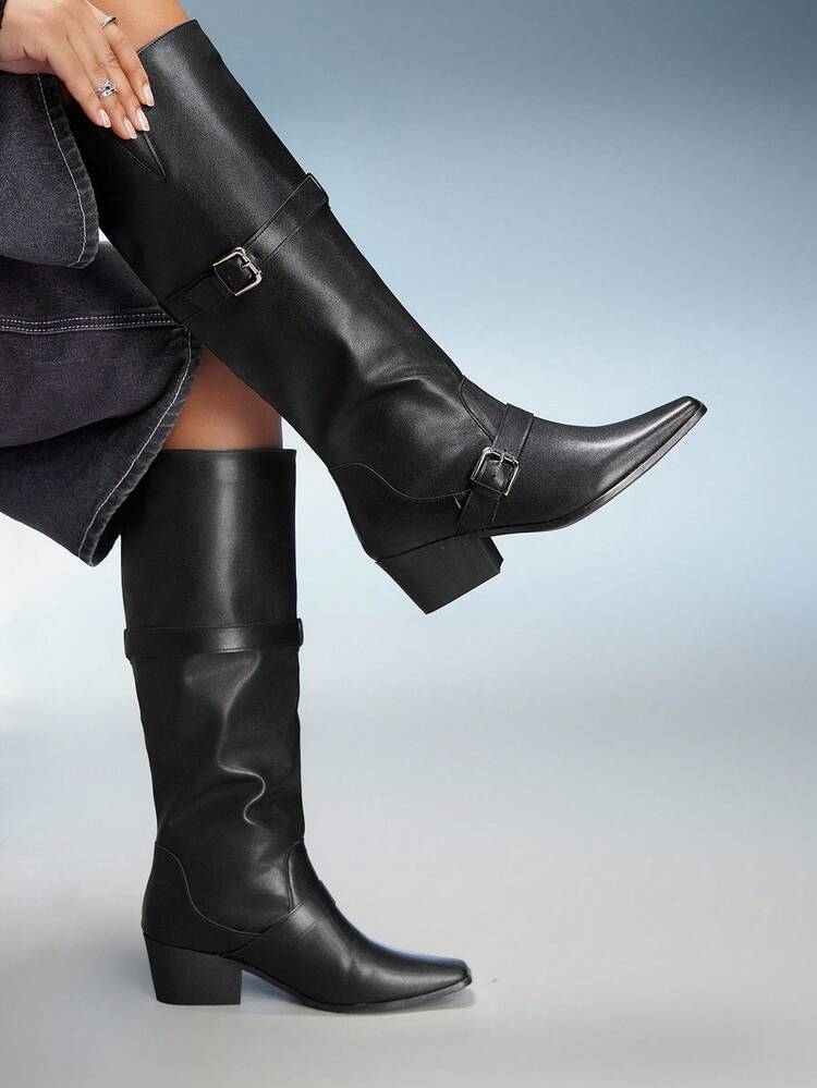 CUCCOO GRLICON Women's Outdoor Square Toe Chunky Heel Black PU Fabric Silver Button Decor Fashion Comfortable Daily & Party Slip-On Boots, Suitable For Music Festivals, Halloween, Christmas, Parties, Y2K Style