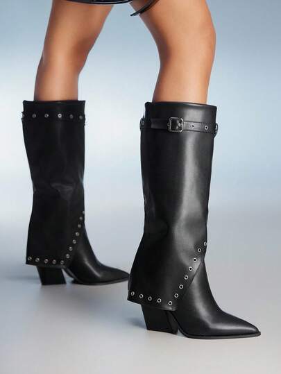 CUCCOO GRLICON Women's Black Patchwork Black Tall Boots, Western Style Stacked Heel Pointed Toe Boots