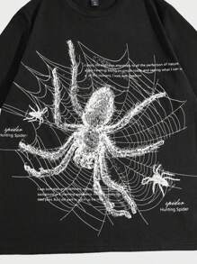 ROMWE MEN Goth Spring/Summer Casual Graphic Men Spider Print Crew Neck Tee For Halloween, School, 2000S Style - Black - View 5