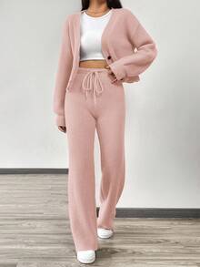 SHEIN EZwear 秋冬女装休闲纯色长袖针织开衫两件套，秋季针织两件套2件套休闲套装女 - 藕粉色 - 查看 3