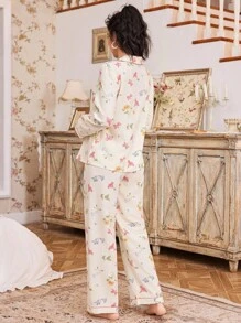 FloralLove Bộ đồ ngủ mềm mại, áo dài tay ve áo họa tiết hoa và quần dài, trang phục thu đông ấm áp và thanh lịch - Nhiều màu - Xem 2