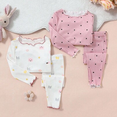 Completo da pigiama da 4 pezzi per bambina, morbido e confortevole, con motivo a gattini e con colletto a volant, maniche lunghe