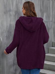 SHEIN LUNE 大码休闲纯色前拉链连帽羊毛夹克 - 紫色 - 查看 2