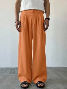 Claim Dot 纯色褶皱口袋休闲阔腿裤 - 橘色 - 查看 6