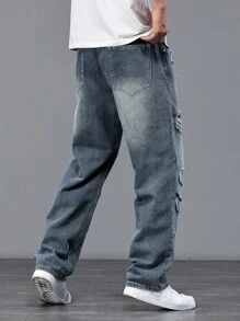 Manfinity Homme Jeans casuales de mezclilla rasgados de talla grande para hombres, jeans holgados rasgados, jeans desgastados, estilo emo - Azul - Ver 5