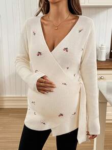 SHEIN 孕妇休闲刺绣系带裹身毛衣，秋冬 - 白色 - 查看 7