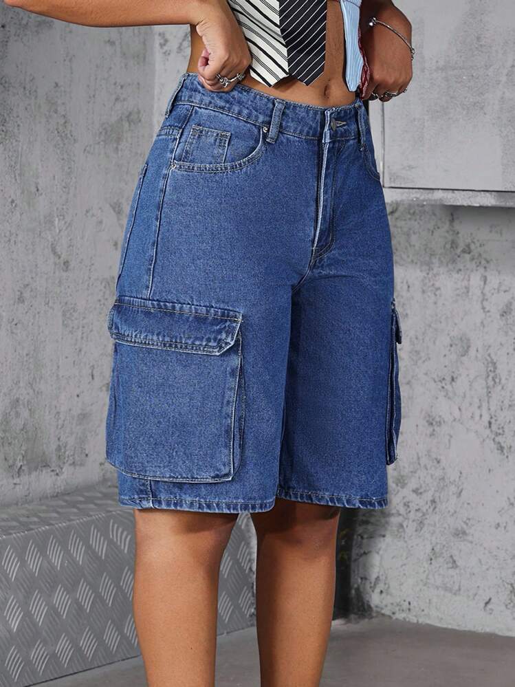 SHEIN Tall 女式宽松休闲工装口袋牛仔短裤 - 中等水洗藍 - 查看 5