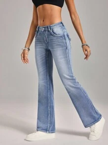 SHEIN Tall 女式刺绣撞色喇叭裤口袋休闲牛仔裤 - 藍色 - 查看 4