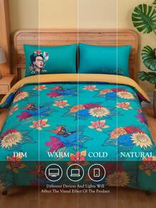 Frida Kahlo X SHEIN Juego de cubrecamas estampado vintage de 3 piezas, hecho de tela cepillada, suave y cálido, disponible en múltiples tamaños para camas individuales/dobles/queen/king
