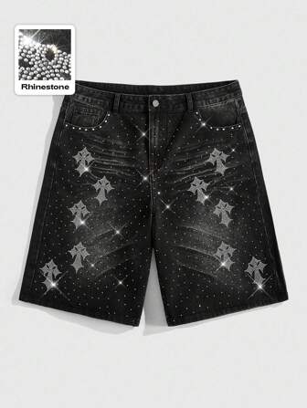 Street Life Casual Fashion Versatile Men's Sparkling Diamond Denim Shorts