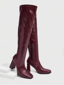 CUCCOO SZL بوت نسائية برقبة طويلة فوق الركبة، ذات كعب سميك مربع الأصبع، بلون بوردو، ذات طابع جريء وأنيق، عالية جداً - عنابي اللون - مشاهدة 9