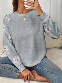 EMERY ROSE Plus Size Women Floral Print Crew Neck Raglan Sleeve Casual Sweatshirt Pullover Fall Winter Autumn - Multicolor - View 4