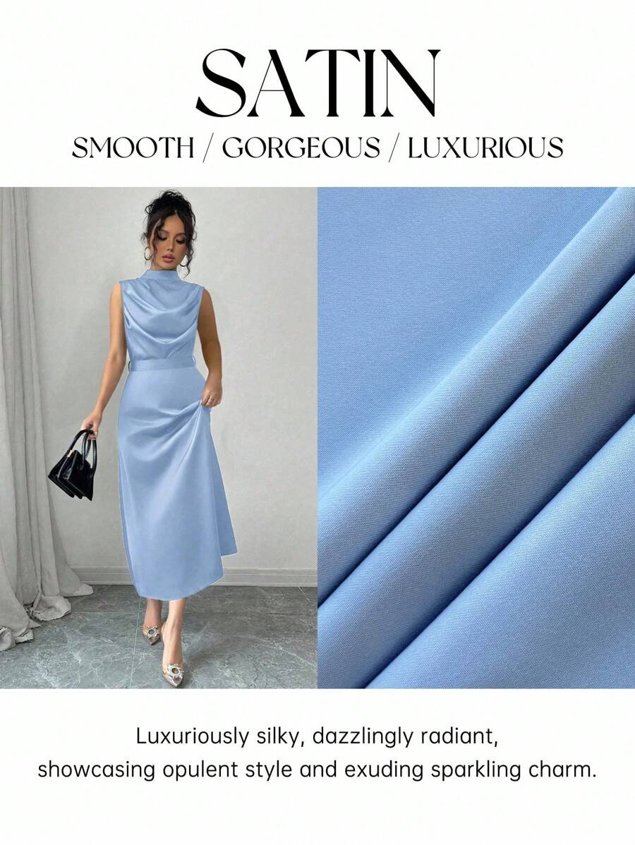 Elenzga 女式春夏优雅绿色立领百褶腰喇叭无袖连衣裙 - 藍色 - 查看 1