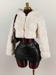 Amplova Women's Solid Color Cropped Hooded Faux Fur Jacket, Winter Faux Fur Coat,Fall - White - View 6