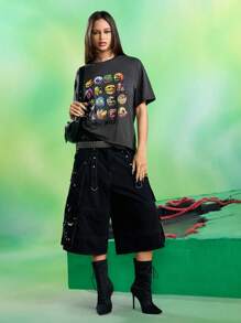 MADBALLS X SHEIN 女式眼球图案圆领休闲短袖T恤 - 深灰色 - 查看 6