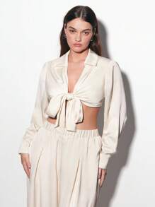 Maija Plus Size Women Summer Casual Work Front Center Strap Long-Sleeved Shirt Set - Beige - View 4