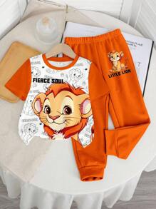 SHEIN 男宝宝休闲卡通老虎印花圆领短袖上衣和裤子套装