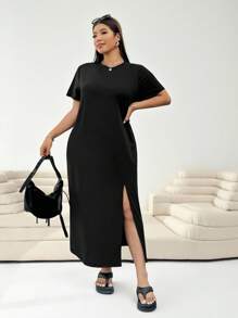 Solflare Casual Versatile Black Split Short Sleeve Plus Size Dress - Black - View 3