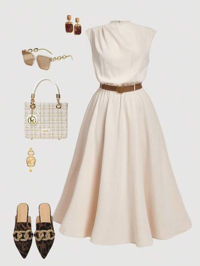 SHEIN MOD Vestido casual elegante sin mangas de unicolor para mujer de talla grande (con cinturón)