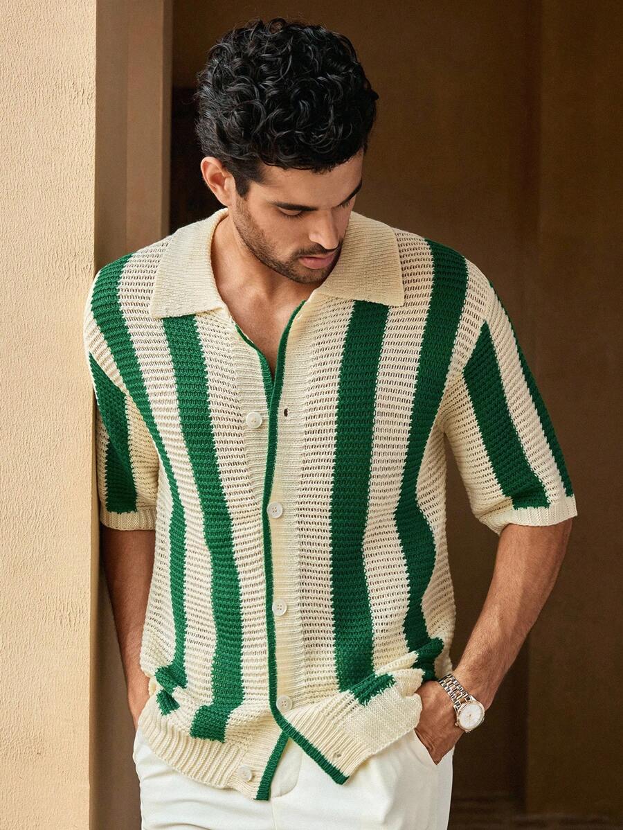 HIMLAND Suéter de Cardigan holgado con contraste de color a rayas, cómodo para hombre, para otoño e invierno - Multicolor - Ver 1