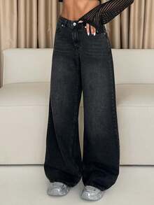 EURMUSE 100% Cotton LOW RISE WIDELEG CUT VINTAGE WASH BLACK BAGGY JEANS Jeans Wide Leg Loose Jeans - Black - View 1