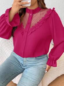 SHEIN Frenchy Plus PEPLUM Lace Patchwork Contrast Mesh Ruffle Trim Flounce Sleeve Ruffle Trim Button Front Blouse - Hot Pink - View 3