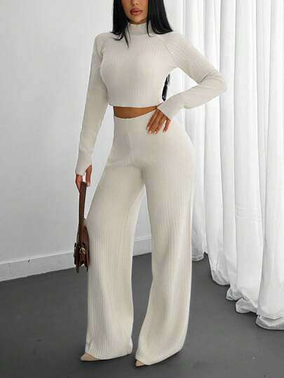 Conjunto de punto acanalado cómodo para mujer - Suéter de manga larga y pantalones anchos y relajados