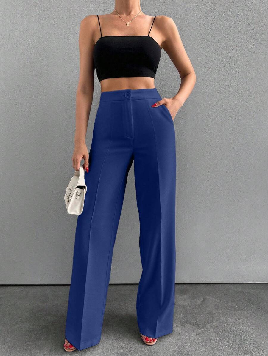 SHEIN Cottnline 女士纯色高腰口袋牙签条纹设计宽松休闲阔腿裤 - 寶藍色 - 查看 1