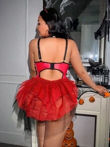 Fantasy Costume 2pcs Devil Criss-Cross Lace-Up Look Slimmer Paneled Underwire Leather Sexy Ruffle Hem Contrast Color Crotchless Lingerie Sexy Cosplay Lingerie Role Play Outfit For Halloween Party Music Festival Bar Club Devil Halloween Costume Red Lingerie Set