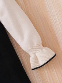 SHEIN 休闲时尚A字荷叶边长袖年轻女孩毛衣裙 - 黑與白 - 查看 8