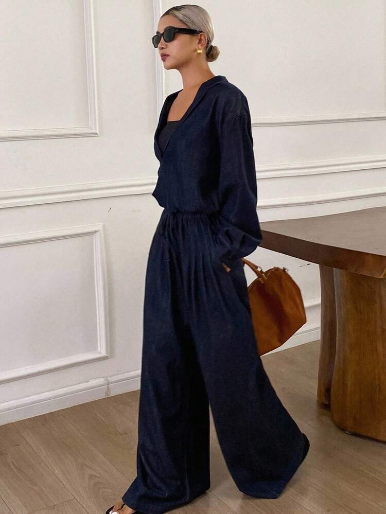 Vintage Blue V-Neck Denim Suit, Fashionable Casual Outfit With Loose Wide-Leg Pants And Oversized Jacket For Women