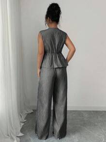 Elenzga 女款休闲度假蓝白条纹前系带设计无袖衬衫+女款休闲度假蓝白条纹松紧腰裤 - 黑色 - 查看 2