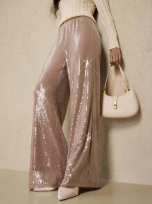 Briarwyn 女士四季服饰 Old Money Style 女士优雅亮片缀饰阔腿裤 - 藕粉色 - 查看 2