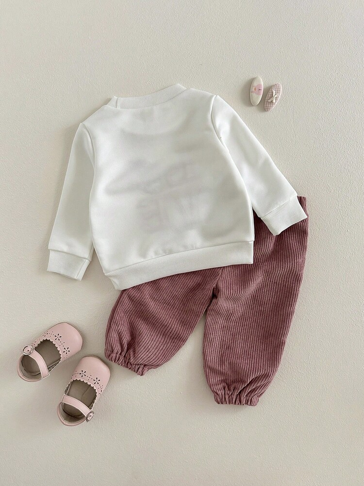 SHEIN 2pcs Baby Girls Casual Sweatshirt & Pants Set, Round Neck Long Sleeve Pullover Top, Elastic Waist Tapered Leg Pants, Fashionable Strawberry & English Letter Embroidery, Comfortable For Daily Wear, Autumn/Winter - Multicolor - View 2
