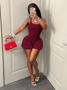 BamGleam Women's Retro Chic Solid Color Minimalist Sleeveless Jumpsuit, Everyday Wear - Burgundy - View 7