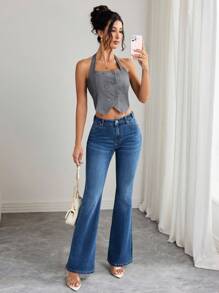 Elenzga Women's Solid Color Casual Jeans - Medium Wash - View 2