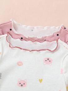 SHEIN 4 件套女婴柔软舒适猫咪图案荷叶边领长袖睡衣套装 - 彩色 - 查看 5